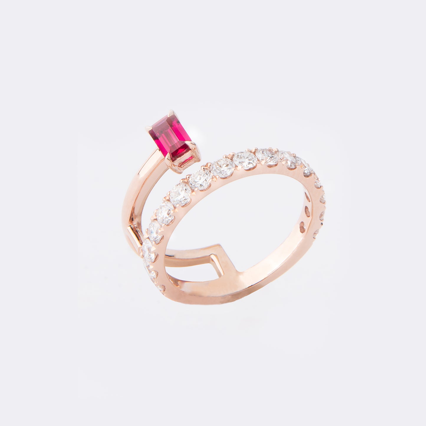 Eclipse Ring set in 14k Yellow Gold with 0.8ct Lab Diamond, 0.3 ct Lab Ruby