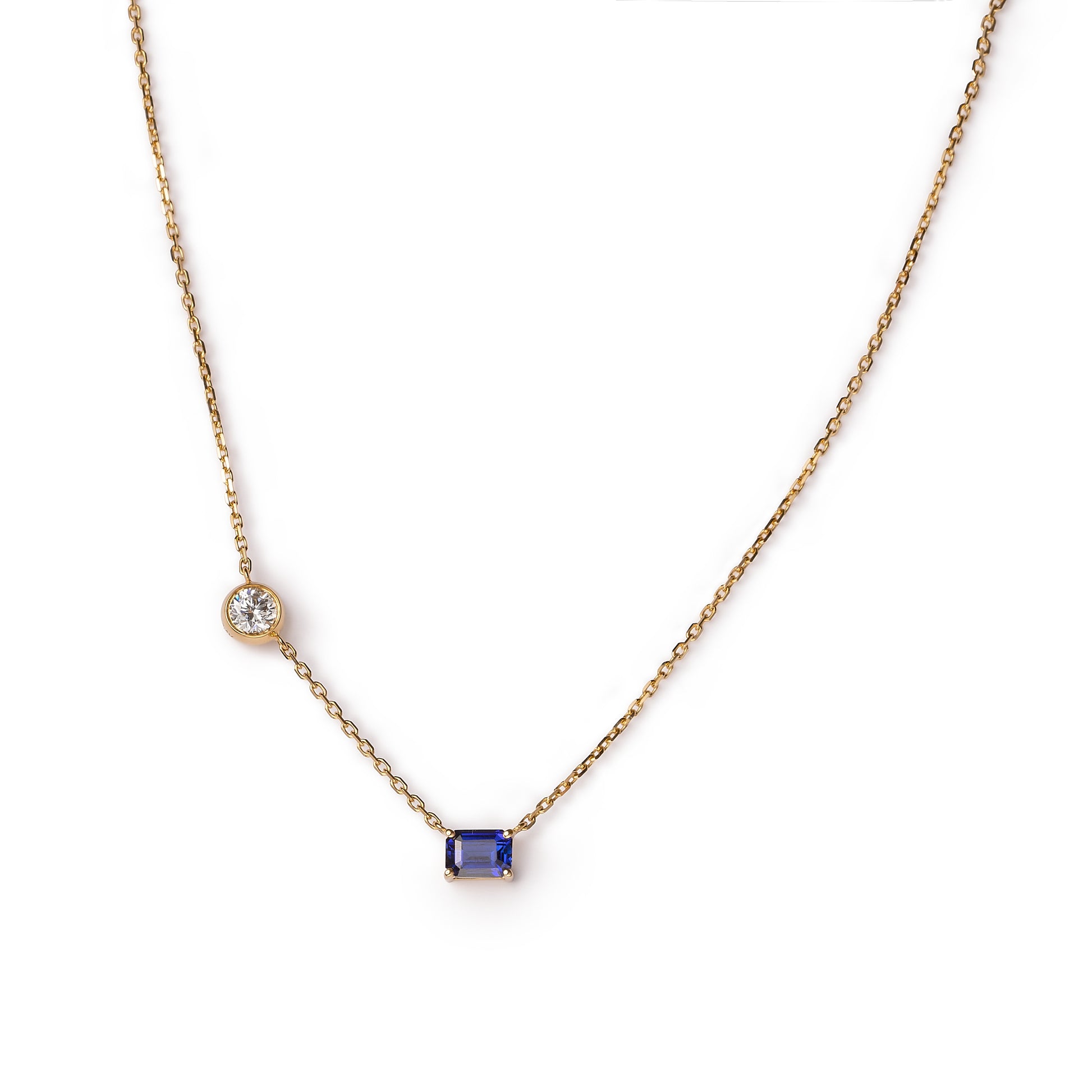 Azure Necklace set in 14k Yellow Gold with Royal Blue Sapphire and Diamond