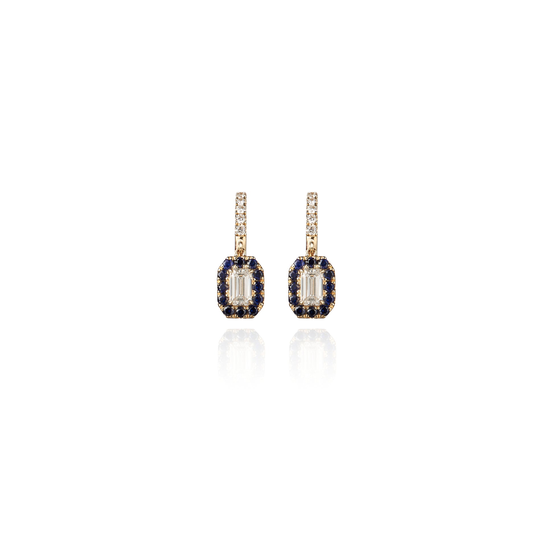 Bliss Drop Earrings (Petite) set in 14k Yellow Gold with Diamonds and Royal Blue Sapphires