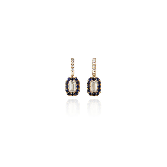 Bliss Drop Earrings (Petite) set in 14k Yellow Gold with Diamonds and Royal Blue Sapphires