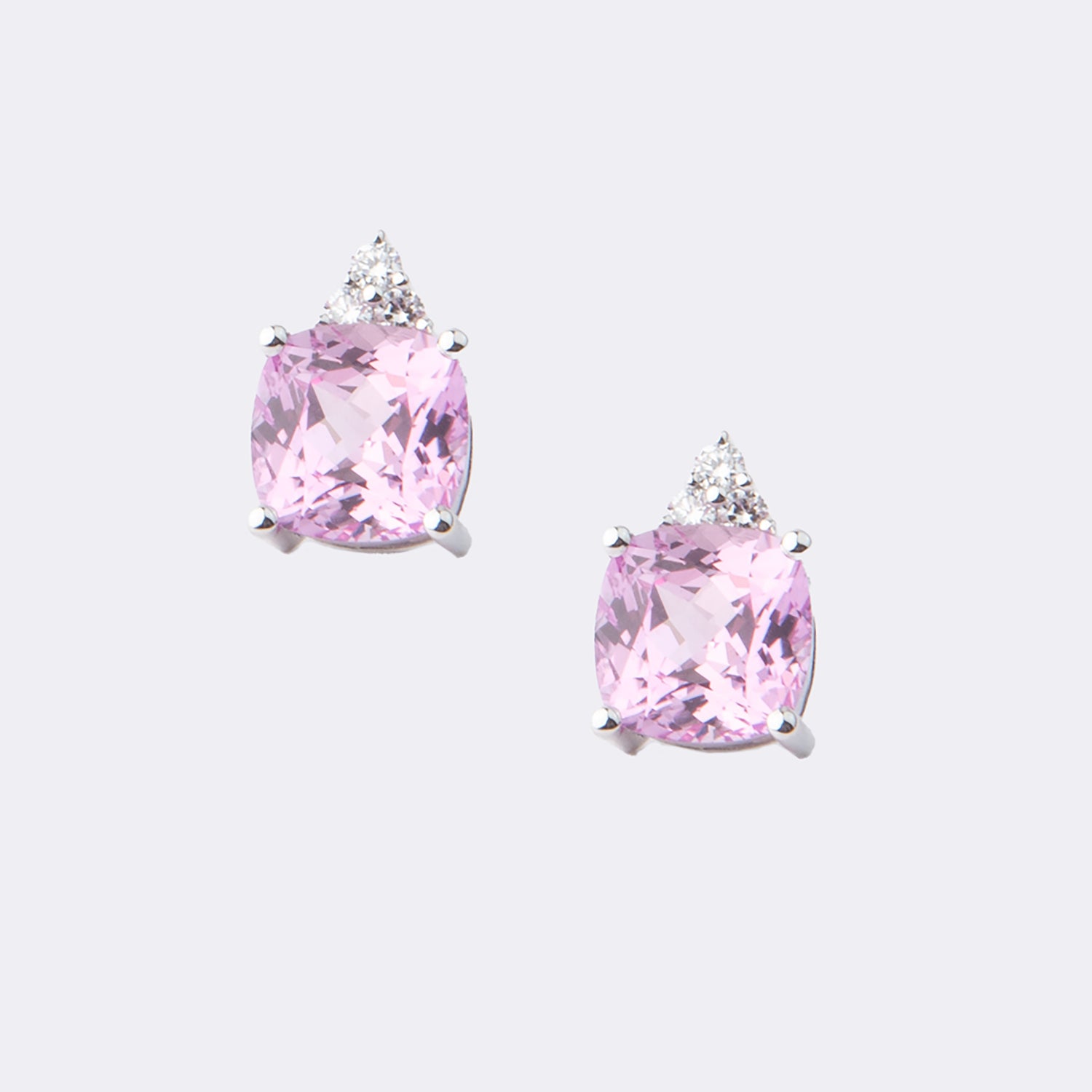 Candyfloss Earrings set in 14k White Gold with 1 ct Cushion-cut Lab Pink Sapphire, 0.15 ct cluster of Lab Diamonds (per stud)