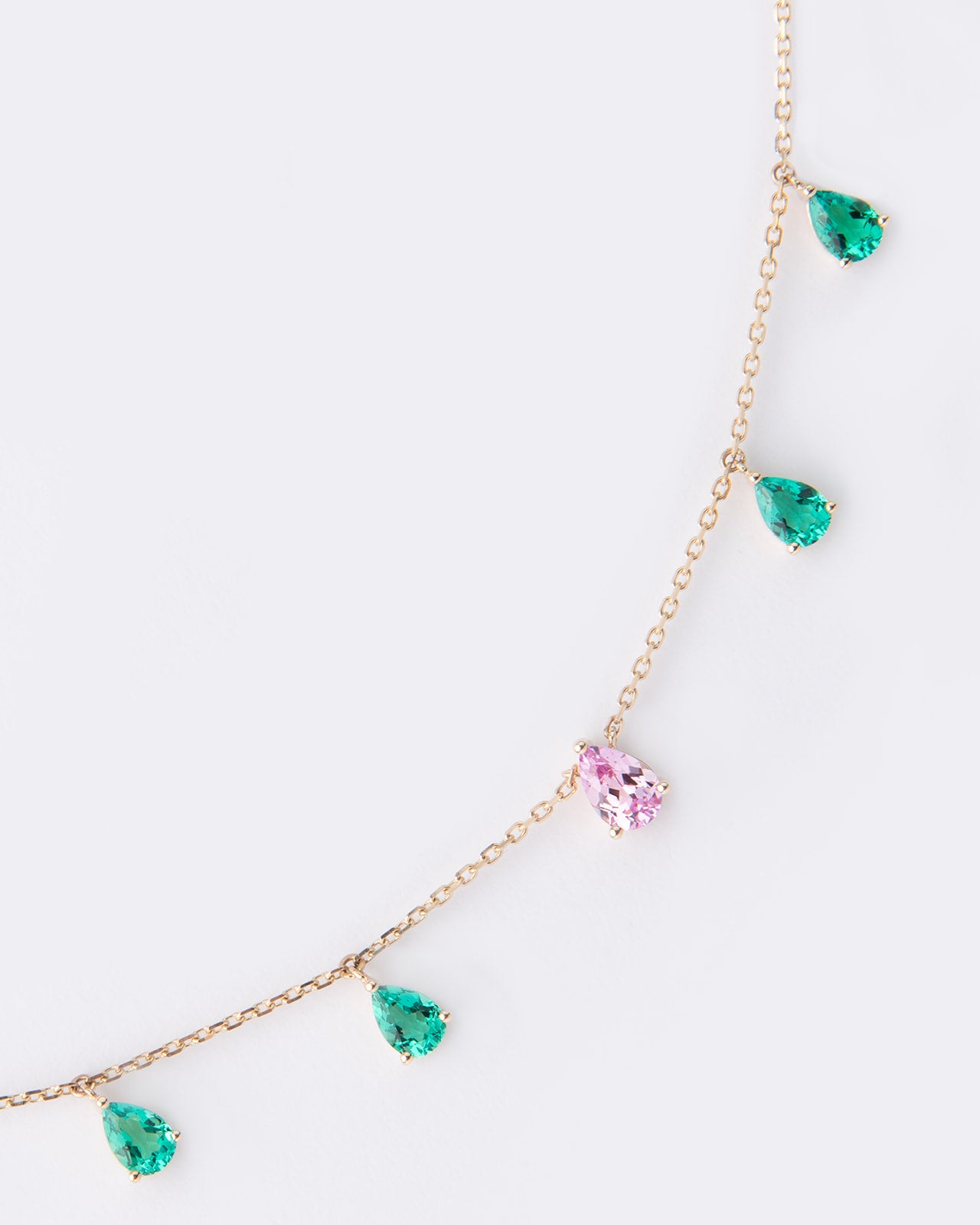 Secret Garden Necklace set in 14k Yellow Gold with 1.8 ct Lab Emeralds, 0.5 ct Lab Pink Sapphire