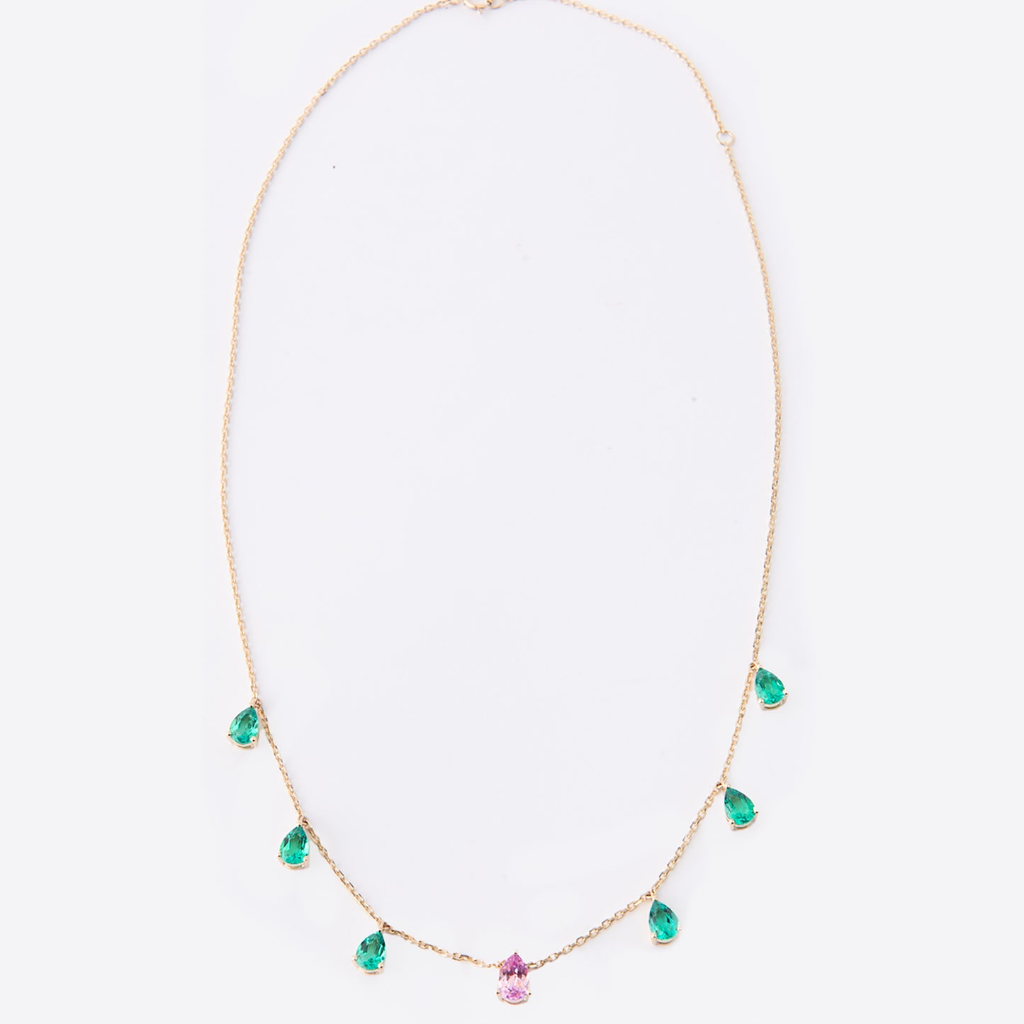 Secret Garden Necklace set in 14k Yellow Gold with 1.8 ct Lab Emeralds, 0.5 ct Lab Pink Sapphire