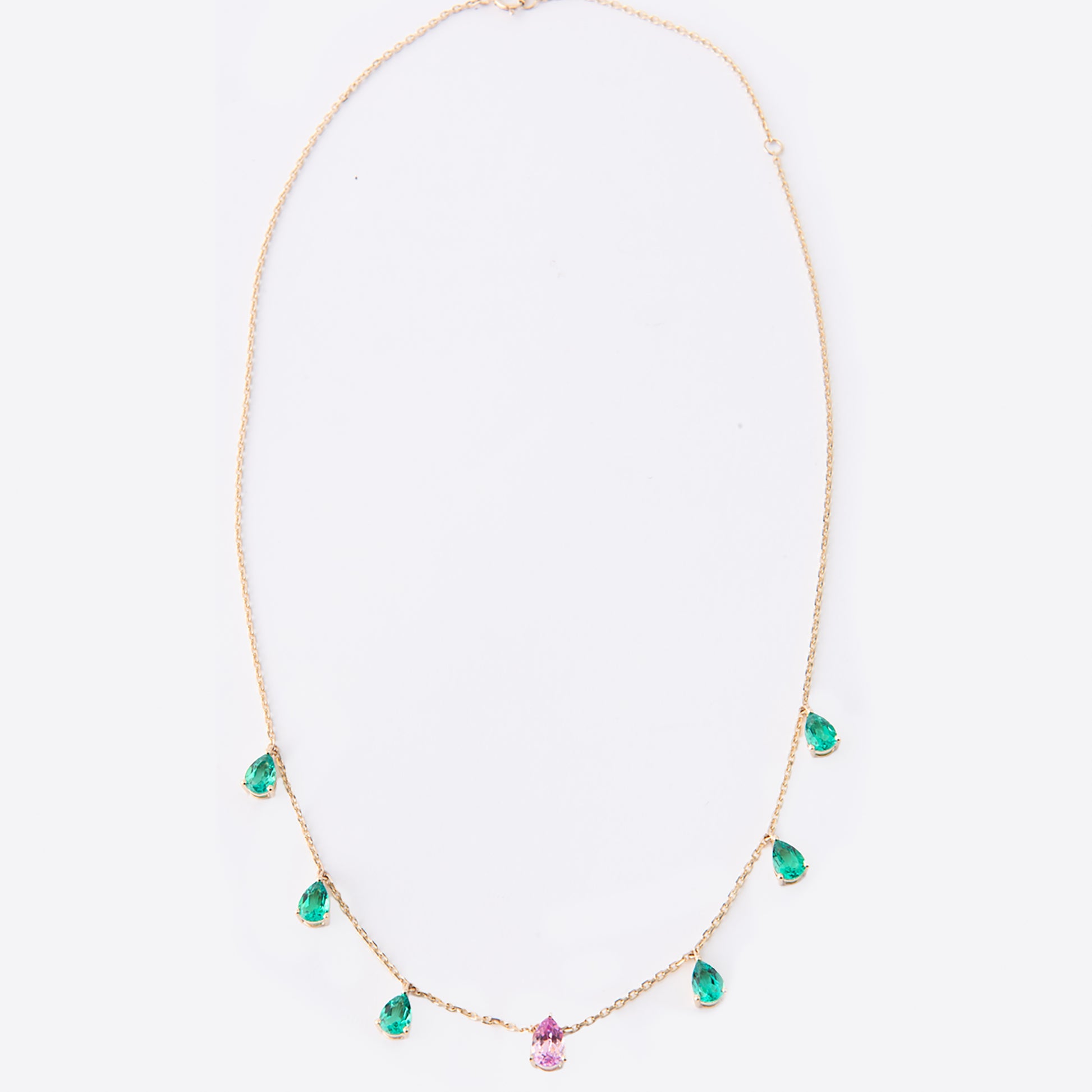 Secret Garden Necklace set in 14k Yellow Gold with 1.8 ct Lab Emeralds, 0.5 ct Lab Pink Sapphire