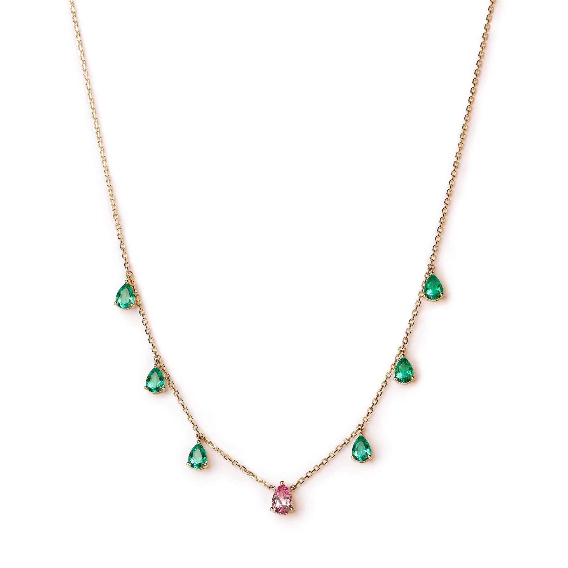 Secret Garden Necklace set in 14k Yellow Gold with Lab Emeralds and Pink Sapphires